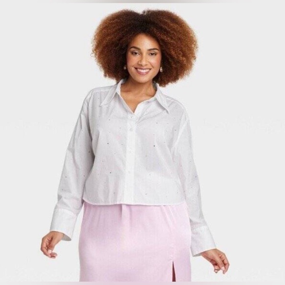 a new day Tops - A New Day Pure White Silver Rhinestones Glam Button Down Long Sleeve Shirt Top